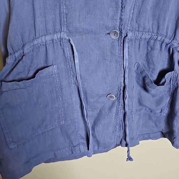 Flax Small Linen Hooded Women's Blue Jacket With Contrast Cotton Knit Sleeves - Picture 3 of 9